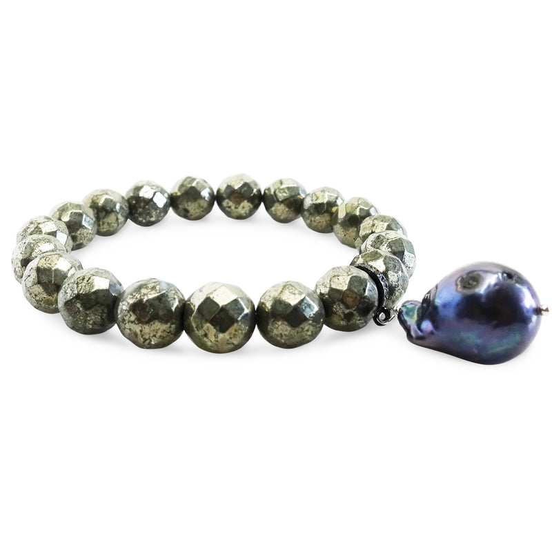 "Iron Will" Pyrite and Black Baroque Pearl Bracelet