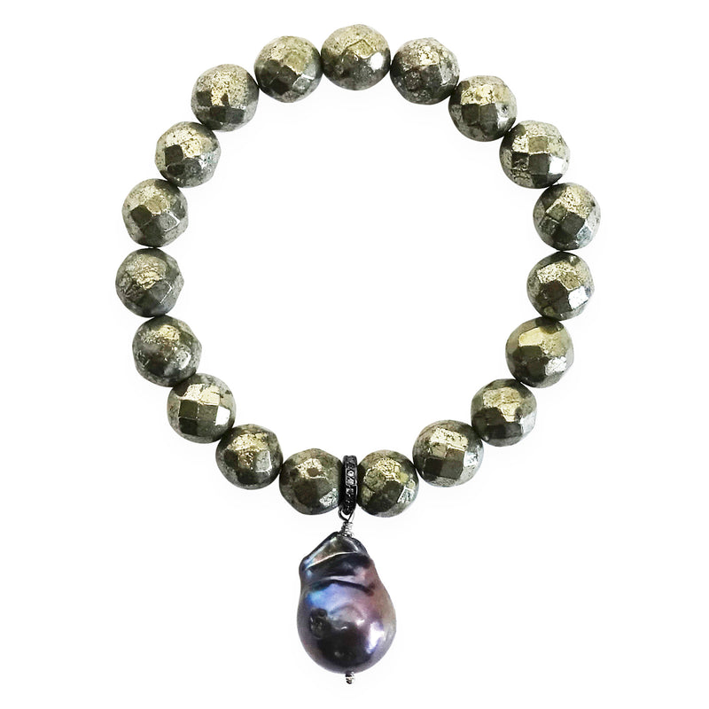 "Iron Will" Pyrite and Black Baroque Pearl Bracelet