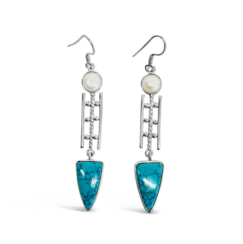 "Land and Sea" Pearl and Turquoise Dangle Earrings