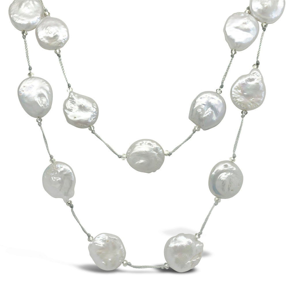 "Space" Flat Disc Pearl & Crystal Long Necklace