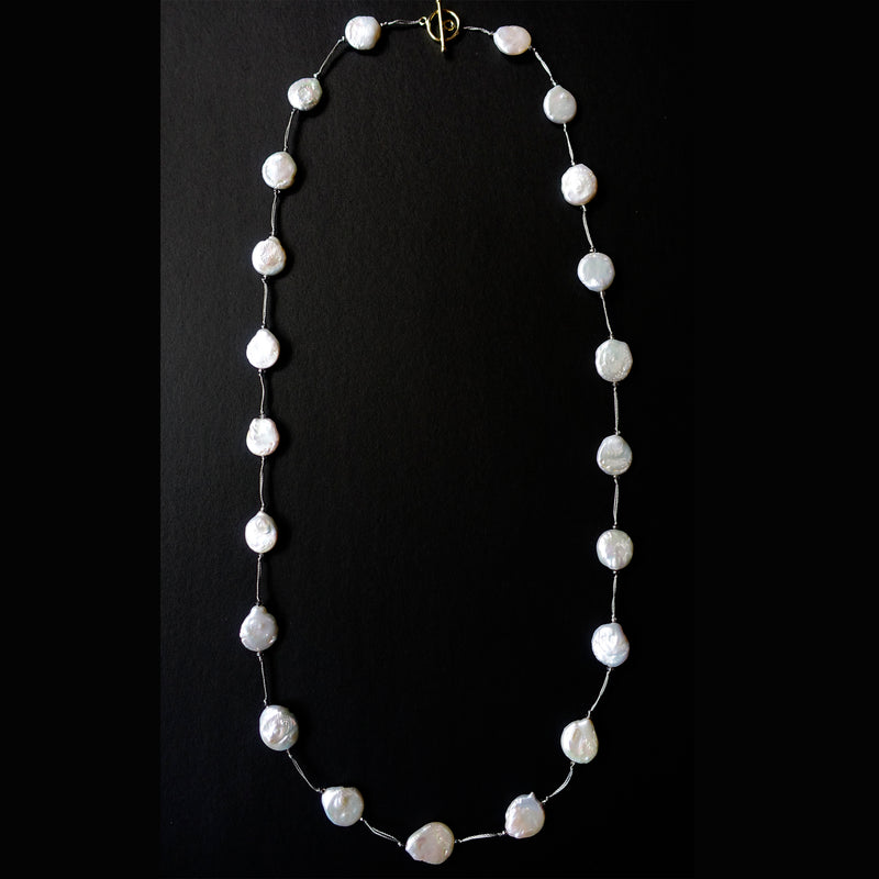 "Space" Flat Disc Pearl & Crystal Long Necklace