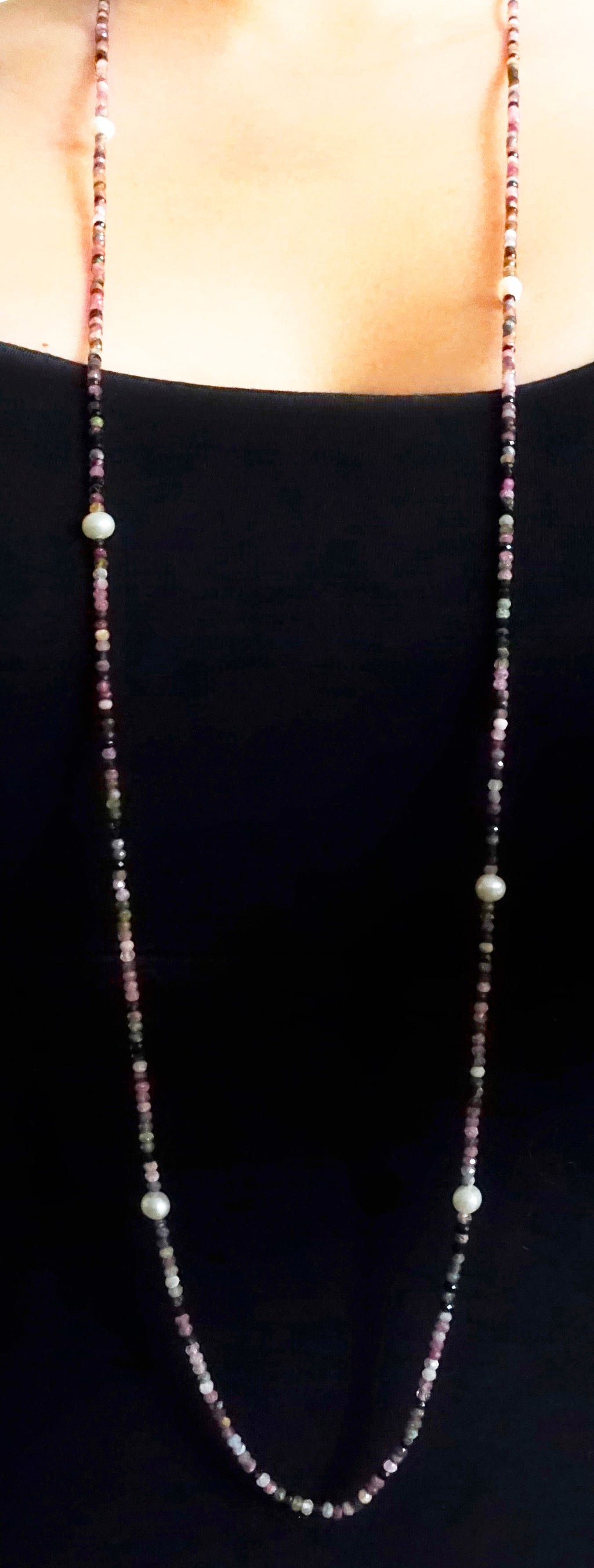 "Forest Berries" Pink & Green Tourmaline with Pearl Long Necklace