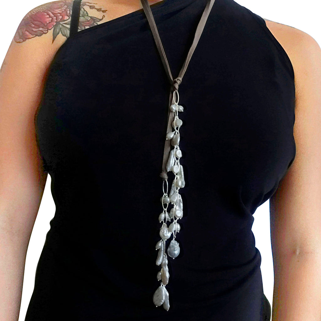 Suede Leather & Pearls Lariat | Necklace & Belt