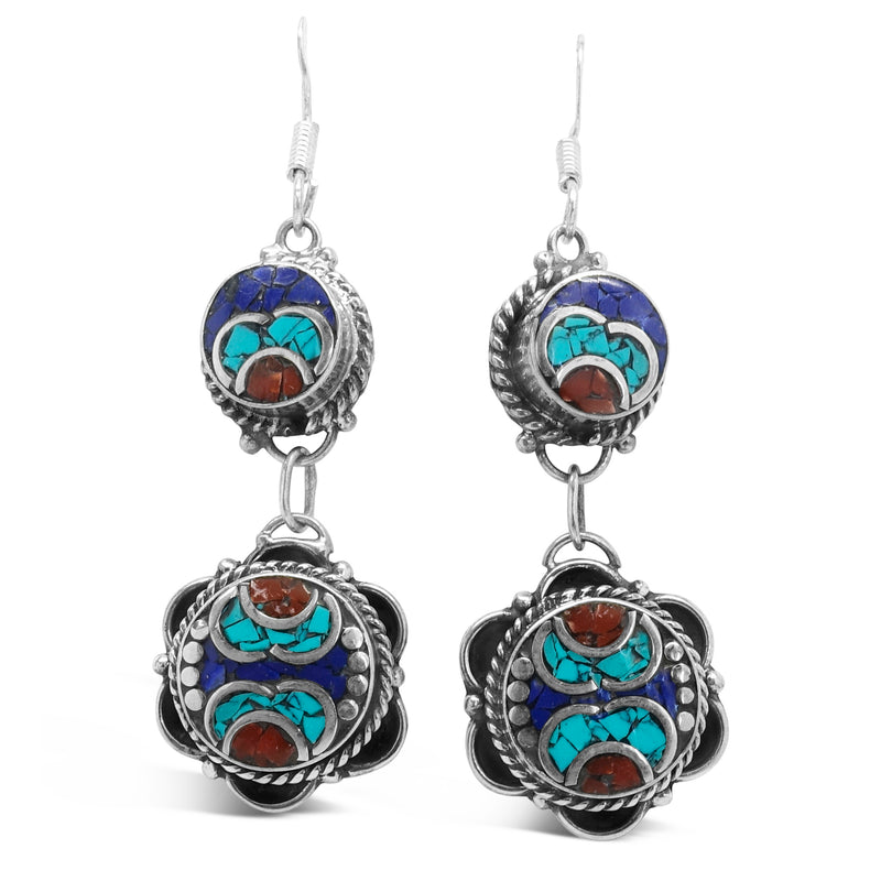 "Running Eagle" Tibetan Turquoise & Mixed Gems Dangle Earrings