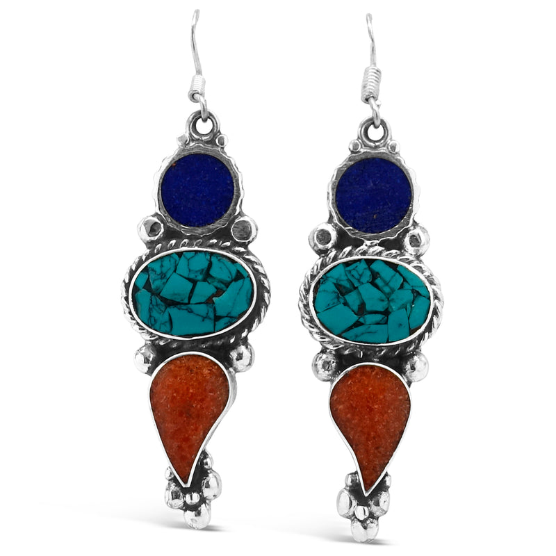 "Dahteste" Tibetan Turquoise & Mixed Gems Dangle Earrings