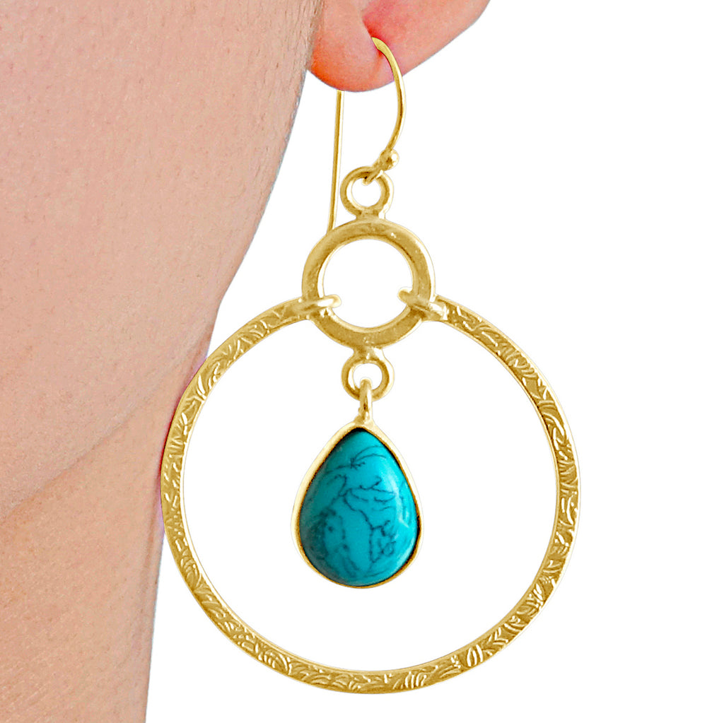"Cleopatra" Turquoise and Textured Gold Dangle Earrings