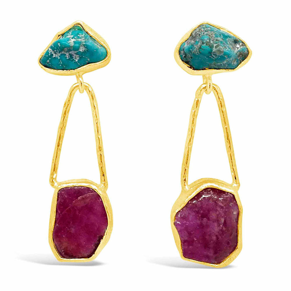 "Raw Beauty" Turquoise & Ruby Dangle Earrings