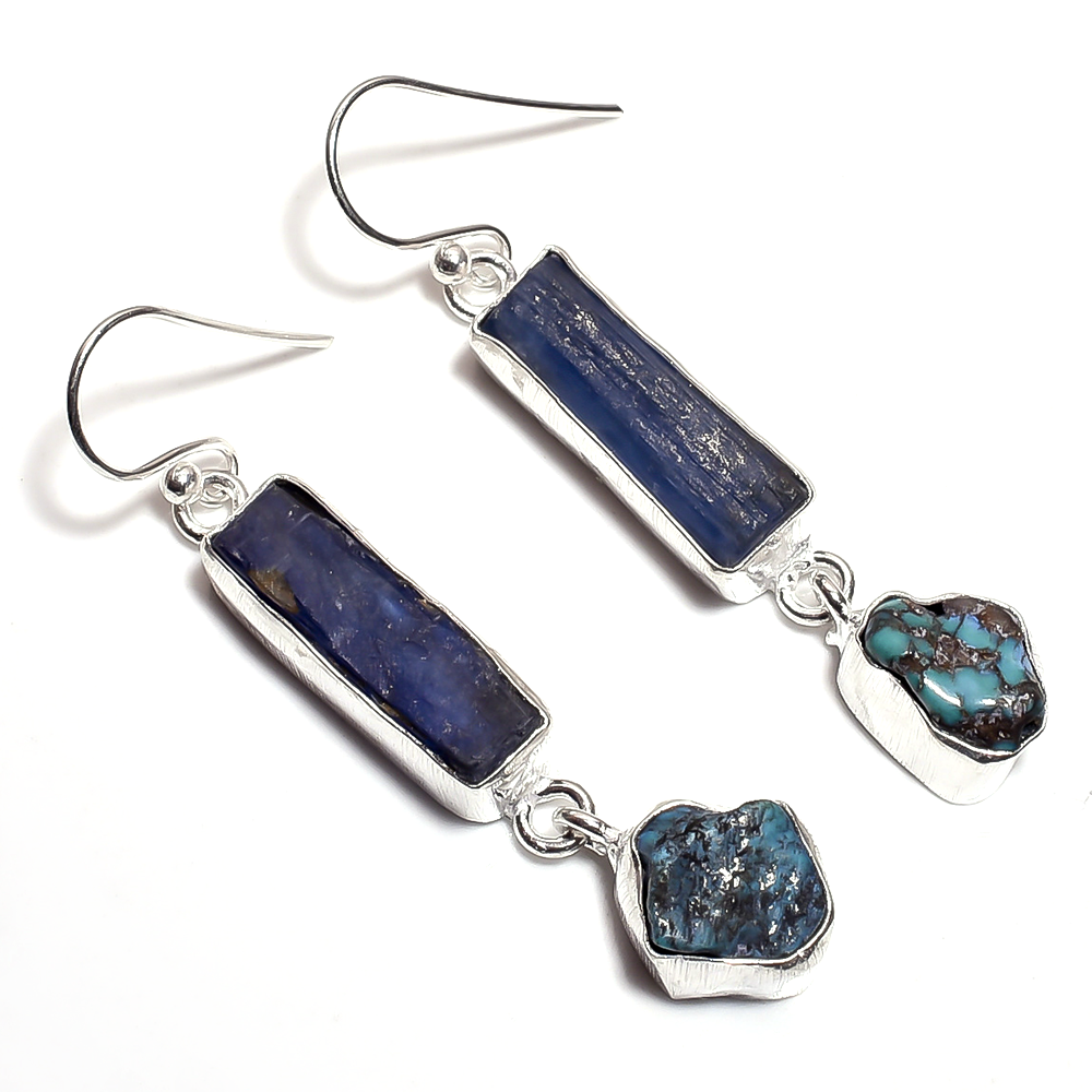"Aqua" Blue Kyanite & Turquoise Dangle Earrings (Silver)