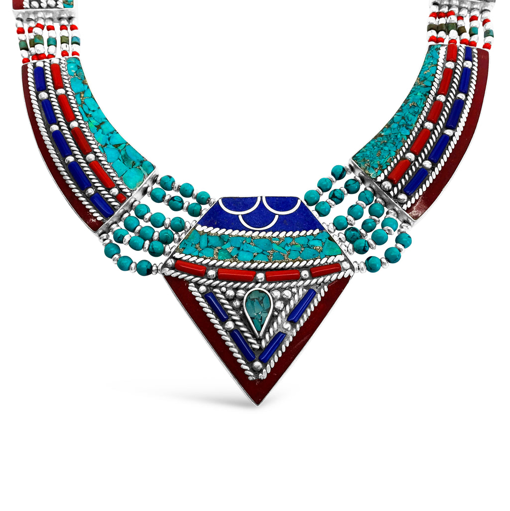 "Warrior Queen" Tibetan Turquoise & Red Coral Bib Necklace