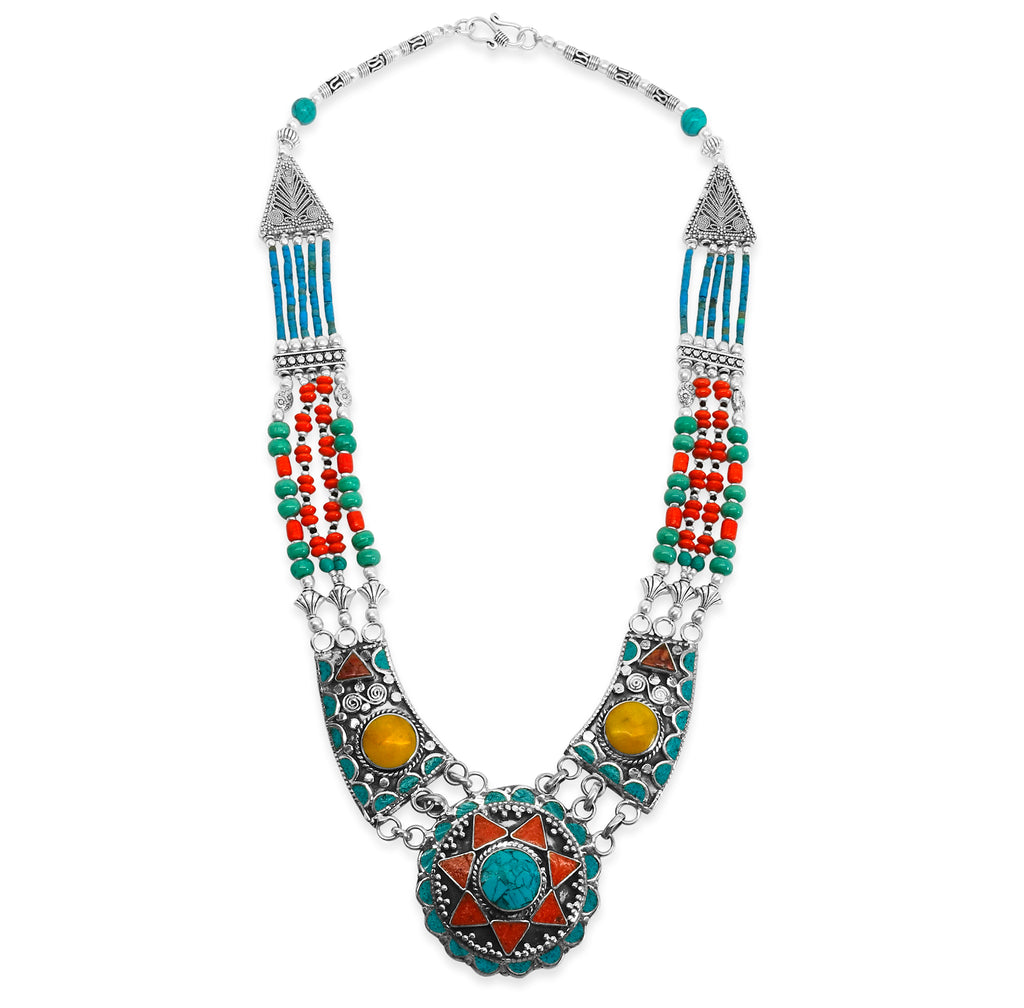 "Celebration" Tibetan Turquoise & Red Coral Bib Necklace