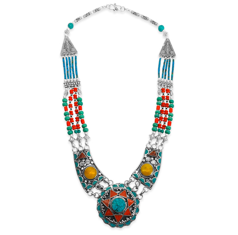 "Warrior Queen" Tibetan Turquoise & Red Coral Bib Necklace