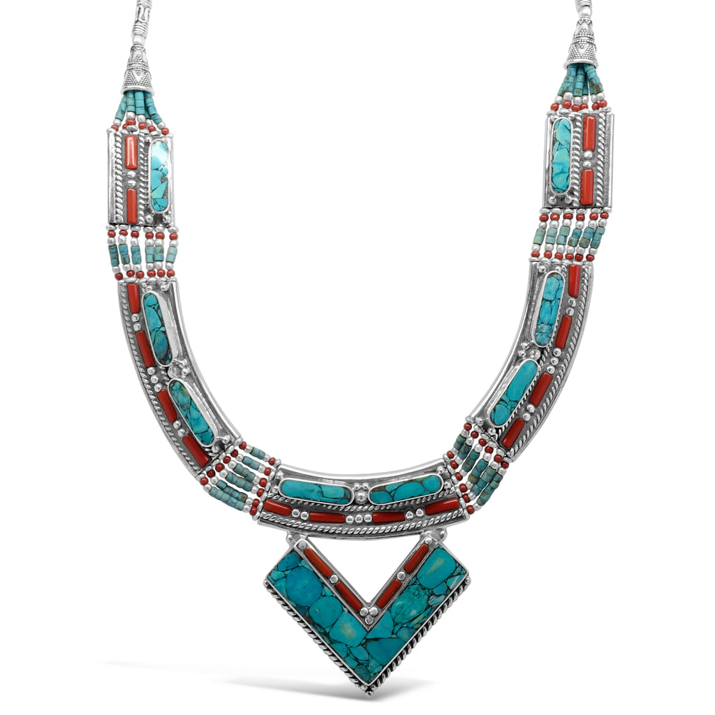 "Warrior Queen" Turquoise Bib V Necklace