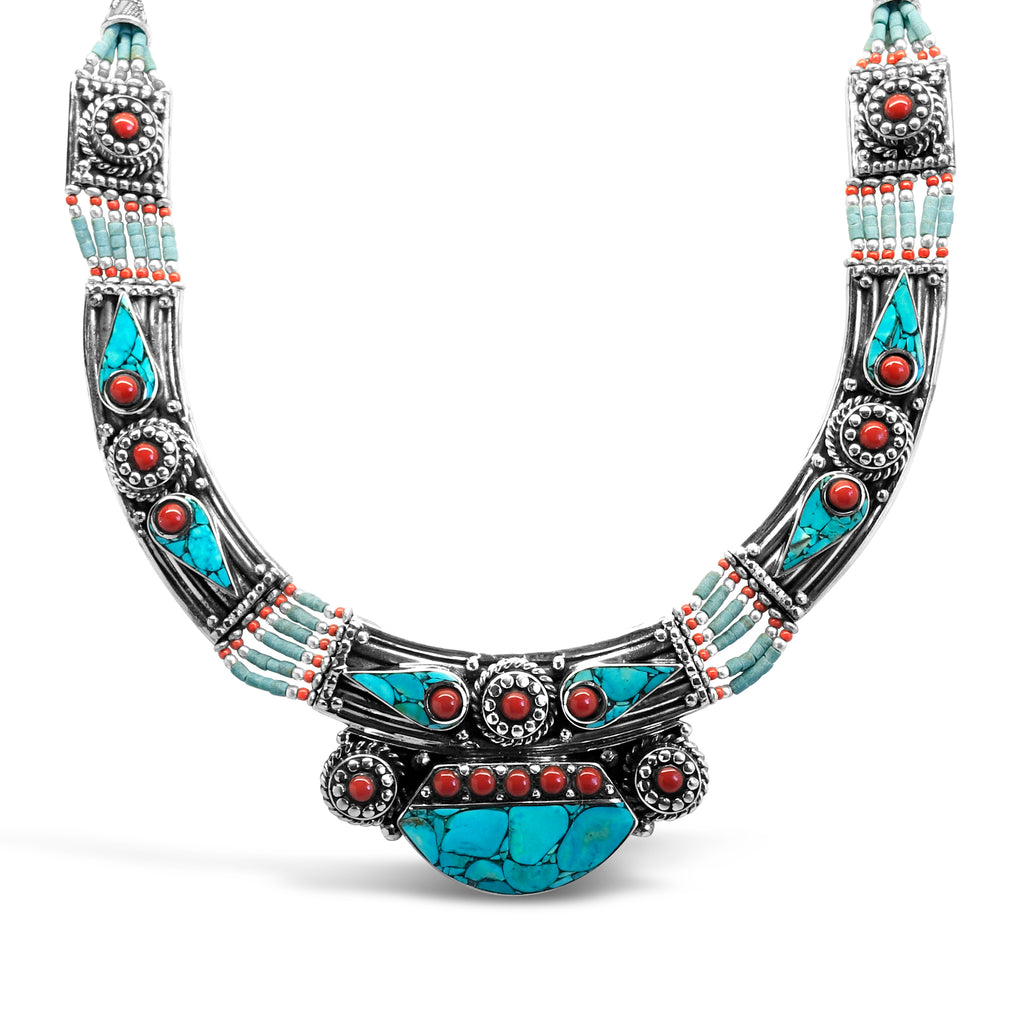 "Adored" Tibetan Turquoise & Red Coral Bib Necklace