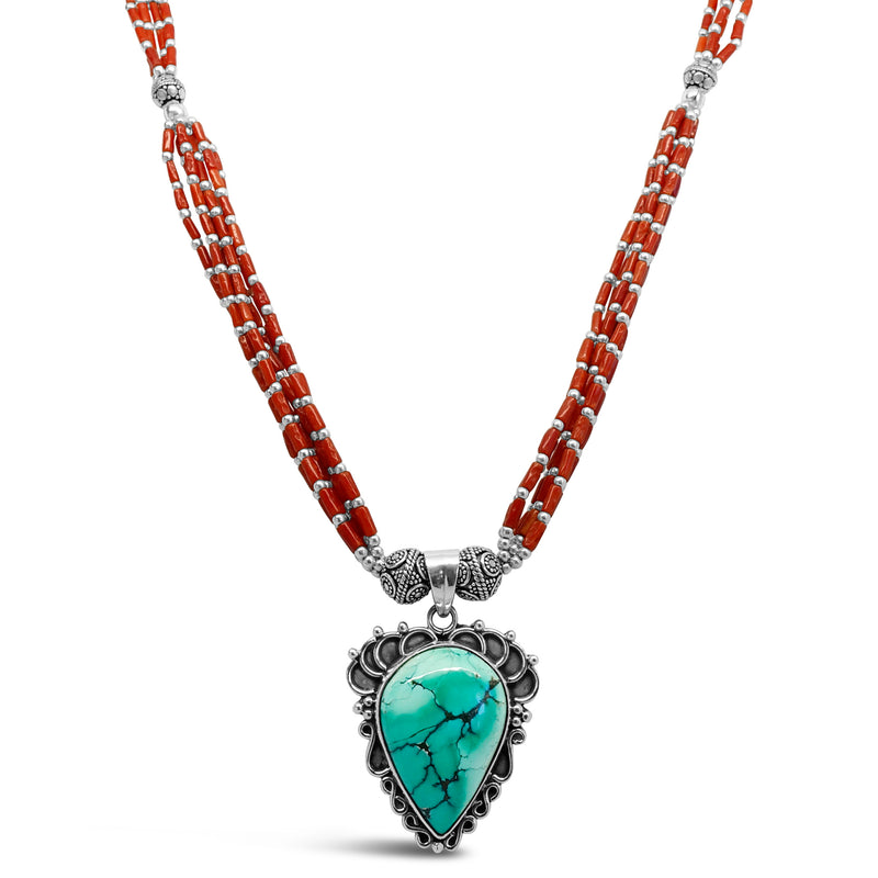 "Amulet" Turquoise Pendant & Red Coral Necklace